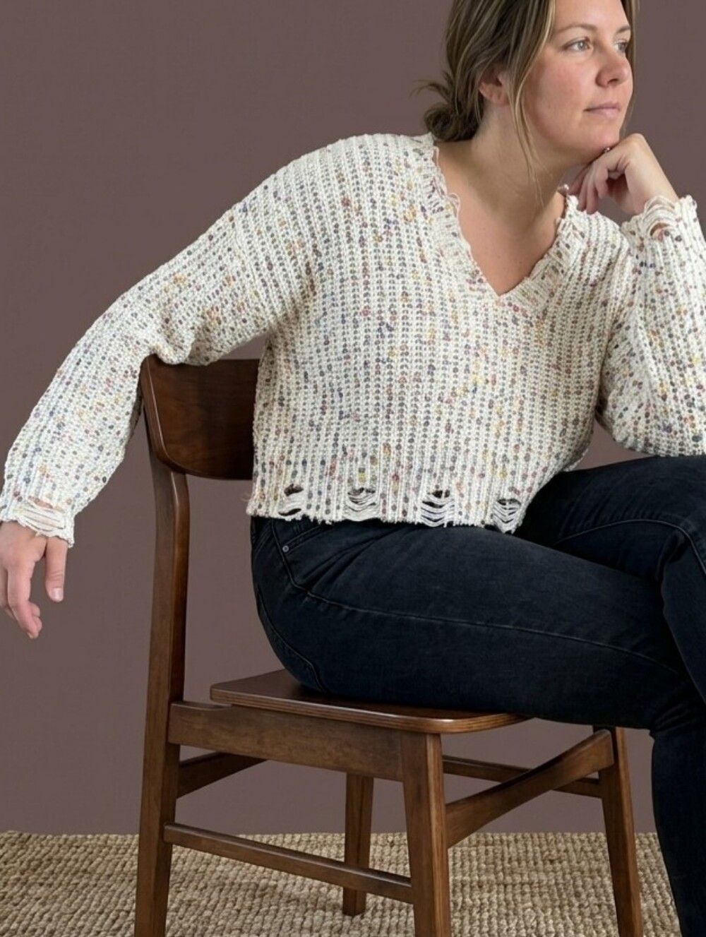 STORIA Rainbow Confetti V-Neck Crop Sweater Distressed Open Knit L Boho Fairy